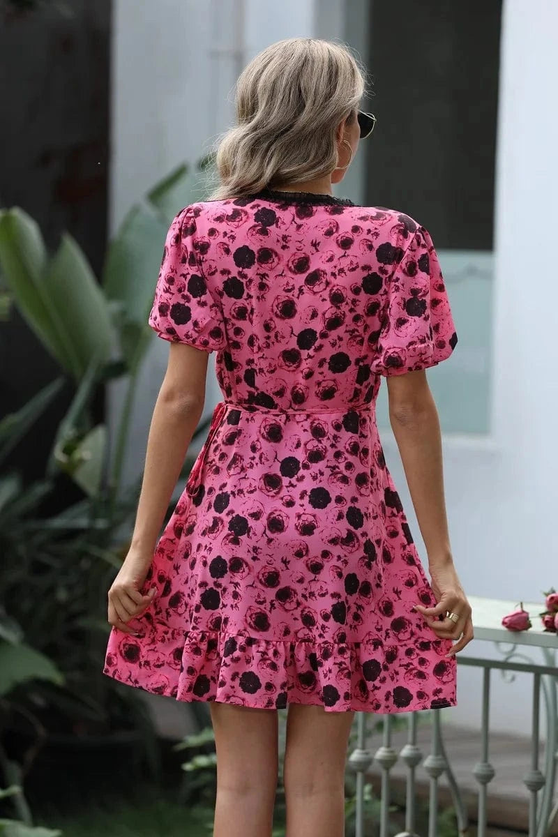 Europe And The United States Clothing Casual Dress Female Fashion V-neck Short-sleeved Floral Wrap Casual Dress