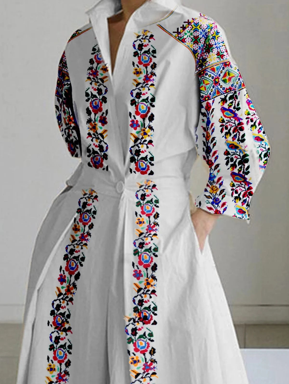 Europe And The United States Foreign Trade Women's Lapel Flower Diagonal Pocket A-line Midi Shirt Dress