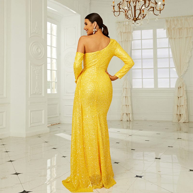 Europe Plus Size One Shoulder Puffy Sequin Prom Gowns Luxury Clothes Woman Trumpet Mermaid Yellow Party Evening Dress