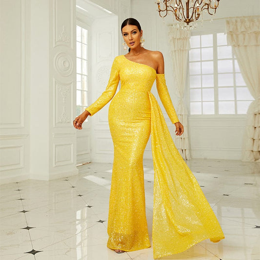 Europe Plus Size One Shoulder Puffy Sequin Prom Gowns Luxury Clothes Woman Trumpet Mermaid Yellow Party Evening Dress