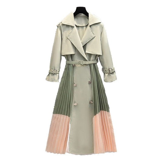 Europe Style Double Breasted Long Pleated Patchwork Skirt 2022 Autumn New Fashion Temperament Women Trend Trench Coat