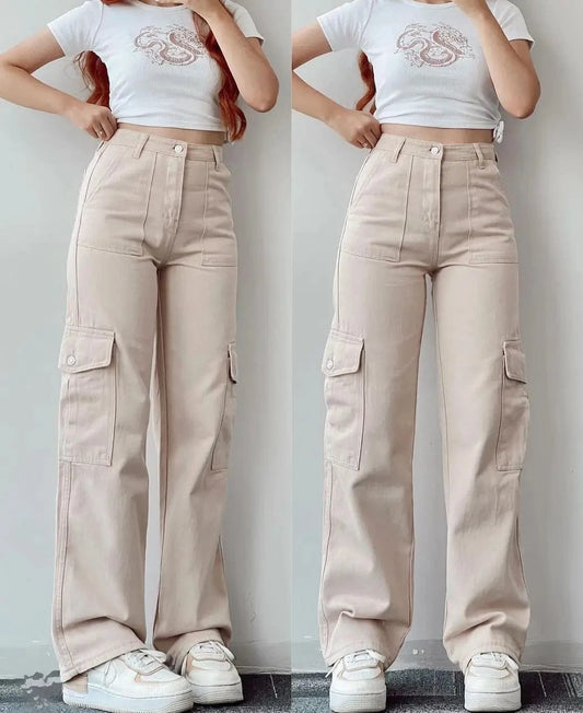 European American New Versatile Casual Pants Middle waist Three dimensional Pocket Pants Waist Cargo Women's Pants