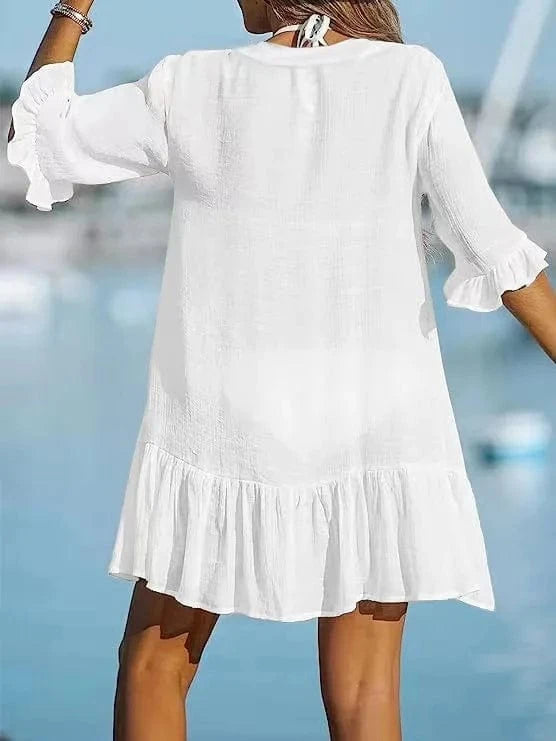 European and American 2023 Summer New V-neck Ruffled dress Solid color Beach skirt ins Sun-proof blouse For women