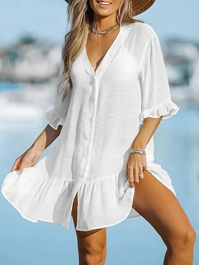 European and American 2023 Summer New V-neck Ruffled dress Solid color Beach skirt ins Sun-proof blouse For women