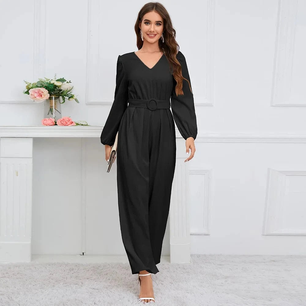 European and American 2024 New Casual Solid color V-neck Long sleeve Slim fit Straight pants Jumpsuit belt Women's jumpsuit suit