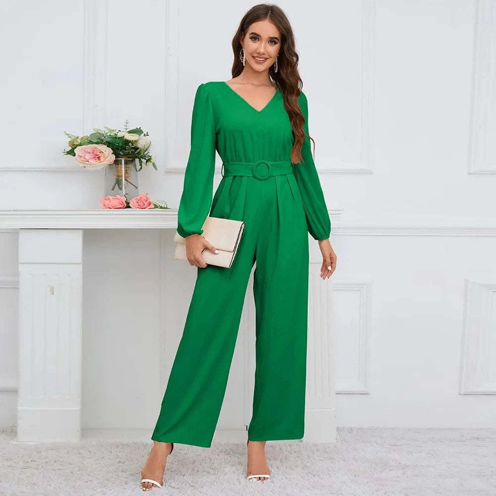 European and American 2024 New Casual Solid color V-neck Long sleeve Slim fit Straight pants Jumpsuit belt Women's jumpsuit suit