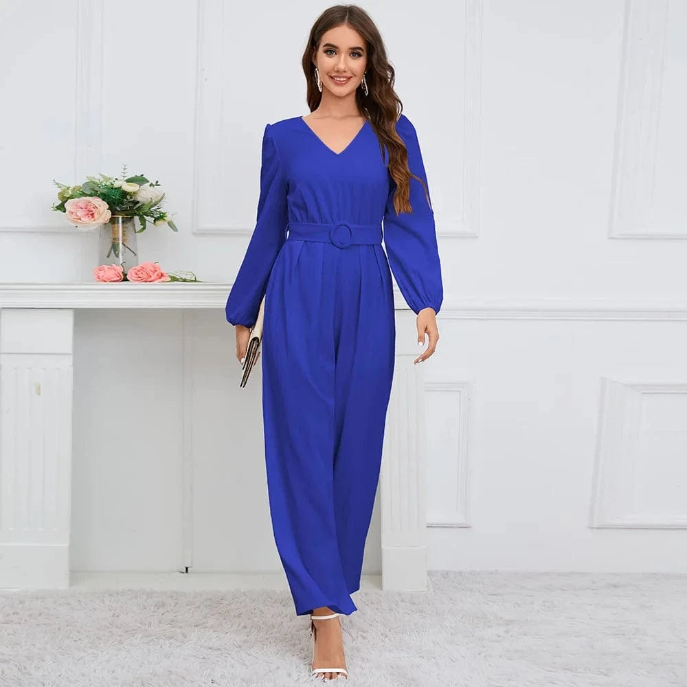 European and American 2024 New Casual Solid color V-neck Long sleeve Slim fit Straight pants Jumpsuit belt Women's jumpsuit suit