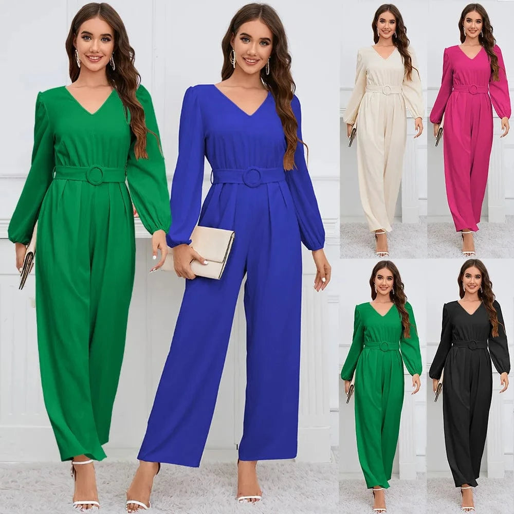 European and American 2024 New Casual Solid color V-neck Long sleeve Slim fit Straight pants Jumpsuit belt Women's jumpsuit suit