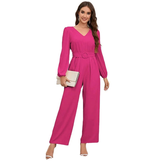 European and American 2024 New Casual Solid color V-neck Long sleeve Slim fit Straight pants Jumpsuit belt Women's jumpsuit suit