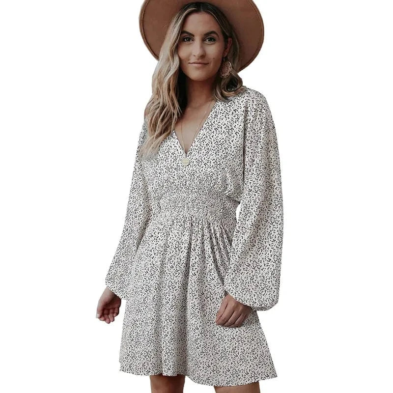 European and American 2024 Spring New Wave dot dress women's V-neck Long sleeve Pleated waist Slim-fit Women's dress