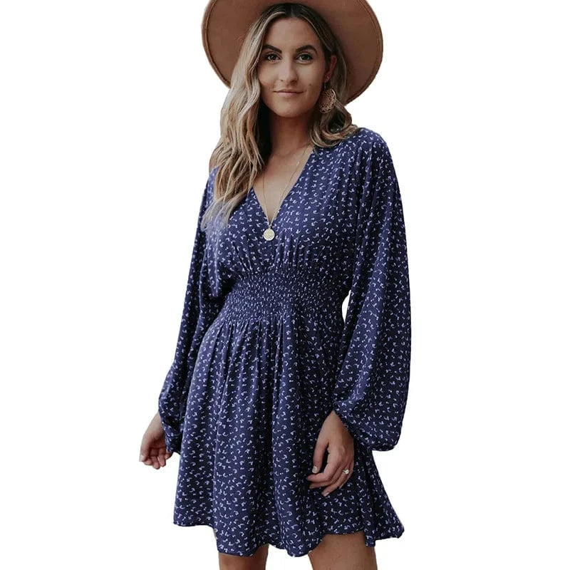 European and American 2024 Spring New Wave dot dress women's V-neck Long sleeve Pleated waist Slim-fit Women's dress