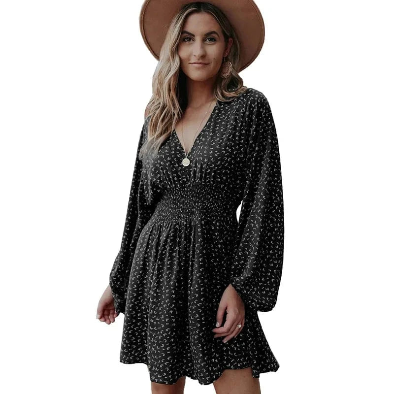 European and American 2024 Spring New Wave dot dress women's V-neck Long sleeve Pleated waist Slim-fit Women's dress