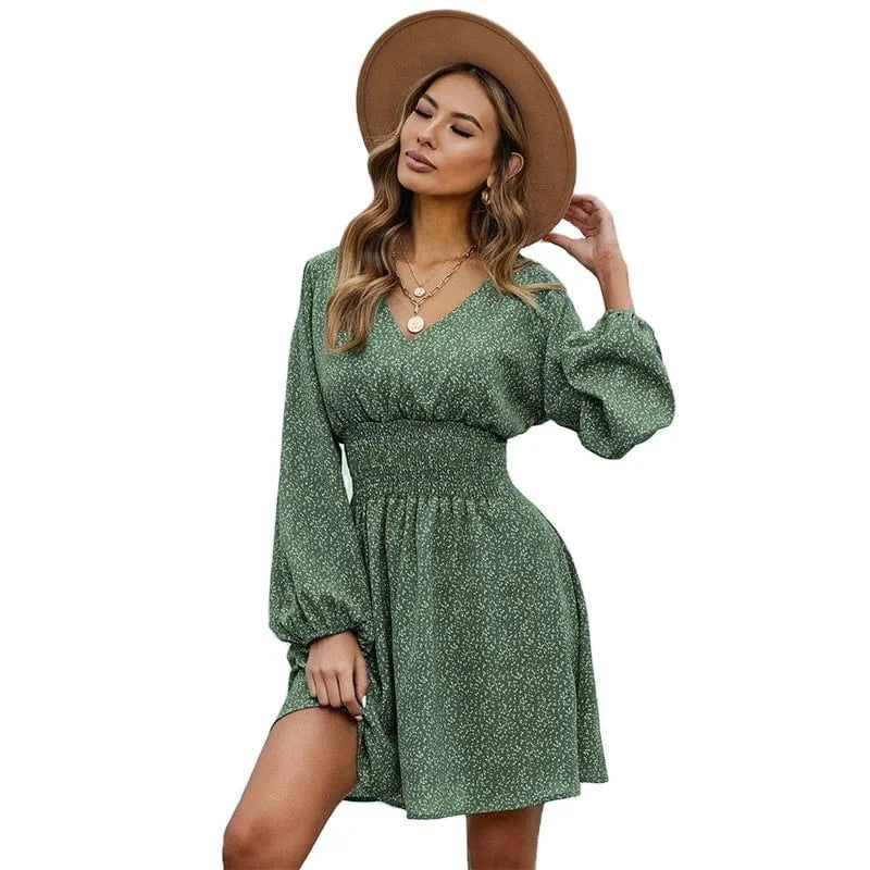 European and American 2024 Spring New Wave dot dress women's V-neck Long sleeve Pleated waist Slim-fit Women's dress