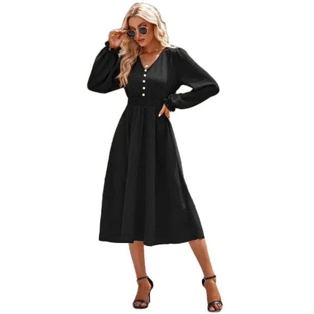 European and American Autumn and Winter New women's V-neck waist-closed Solid color Mid-length dress