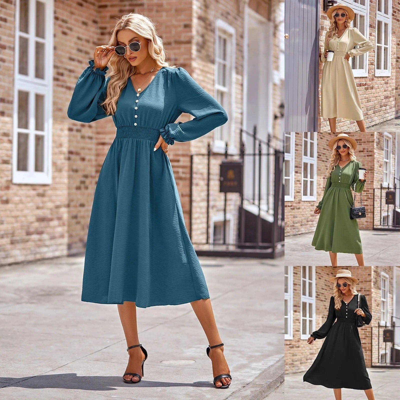 European and American Autumn and Winter New women's V-neck waist-closed Solid color Mid-length dress