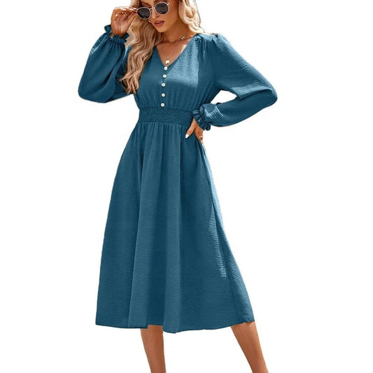 European and American Autumn and Winter New women's V-neck waist-closed Solid color Mid-length dress