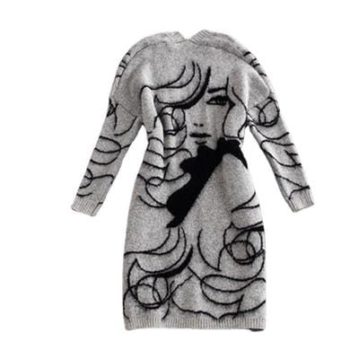 European And American Big Abstract Pattern Loose Bat Sleeve Thick Sweater Cardigan Mid-Length Coat Women