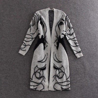 European And American Big Abstract Pattern Loose Bat Sleeve Thick Sweater Cardigan Mid-Length Coat Women