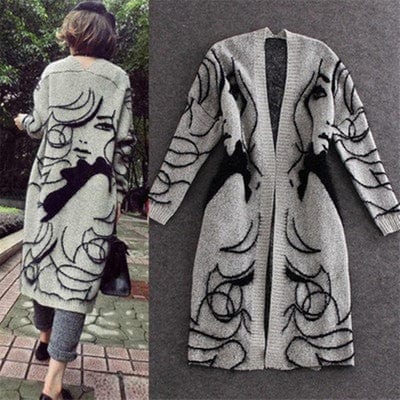 European And American Big Abstract Pattern Loose Bat Sleeve Thick Sweater Cardigan Mid-Length Coat Women