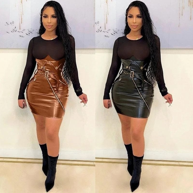 European and American Big Size Clothes Women 2024 New Long Sleeve Sexy Mesh Stitching Leather Dresses For Ladies