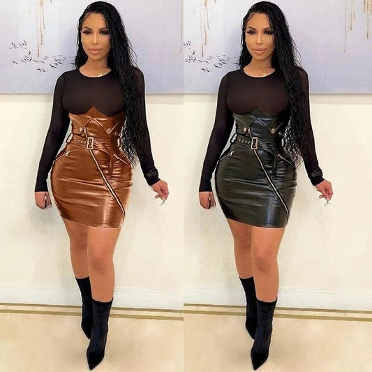 European and American Big Size Clothes Women 2024 New Long Sleeve Sexy Mesh Stitching Leather Dresses For Ladies
