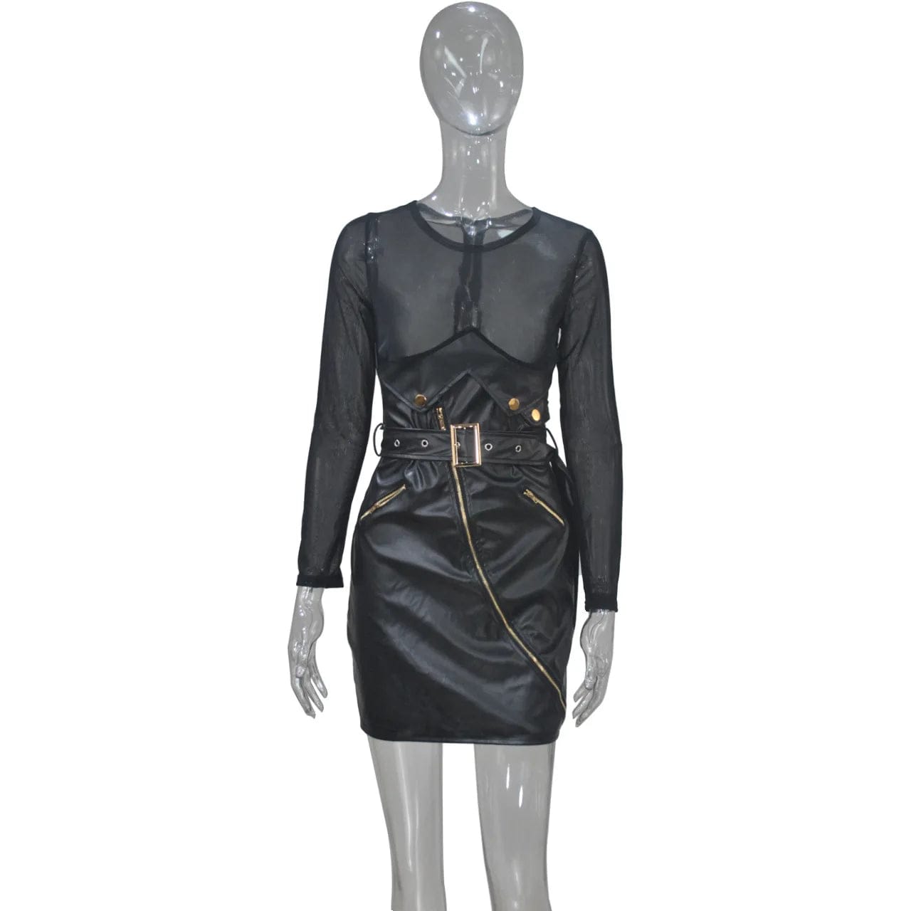 European and American Big Size Clothes Women 2024 New Long Sleeve Sexy Mesh Stitching Leather Dresses For Ladies
