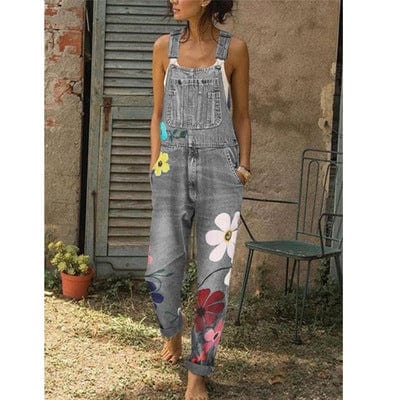 European And American Cross-Border Denim Overalls Printed Thin Trousers
