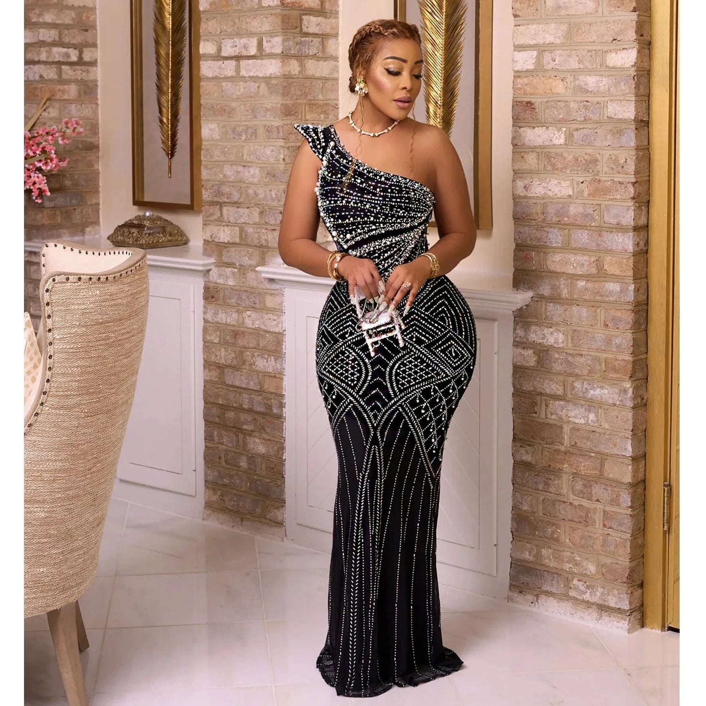 European and American fashion women's solid color hot diamond slanted collar long skirt dress