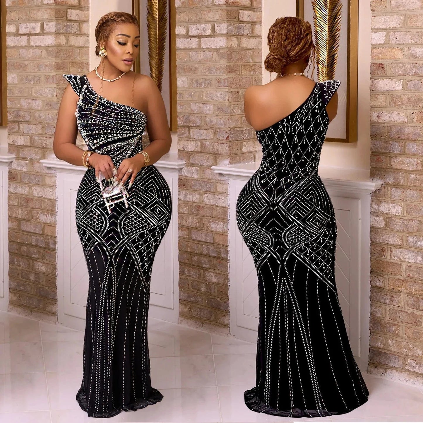 European and American fashion women's solid color hot diamond slanted collar long skirt dress