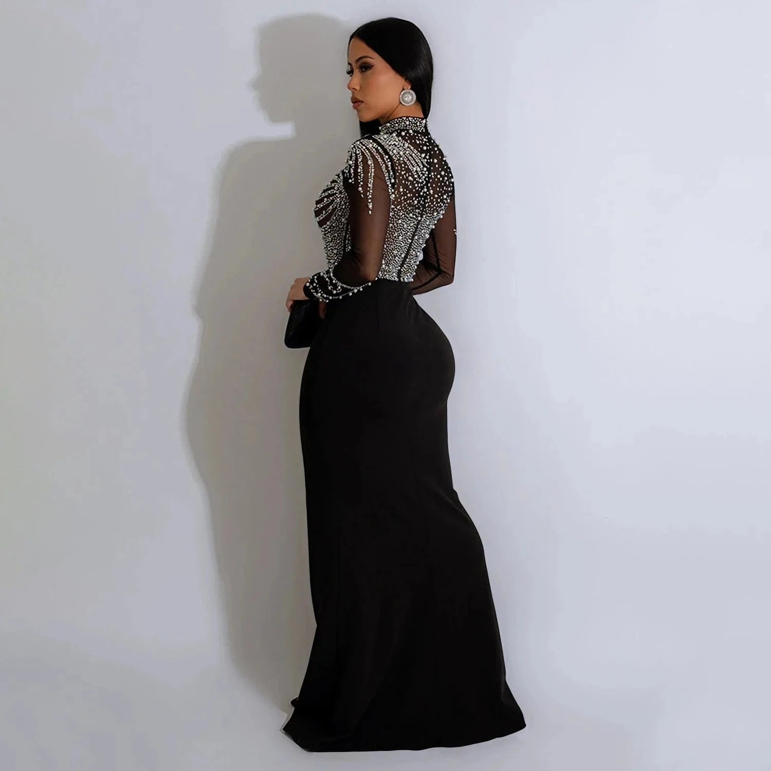 European and American fashion women's solid color mesh hot diamond slit long skirt dress