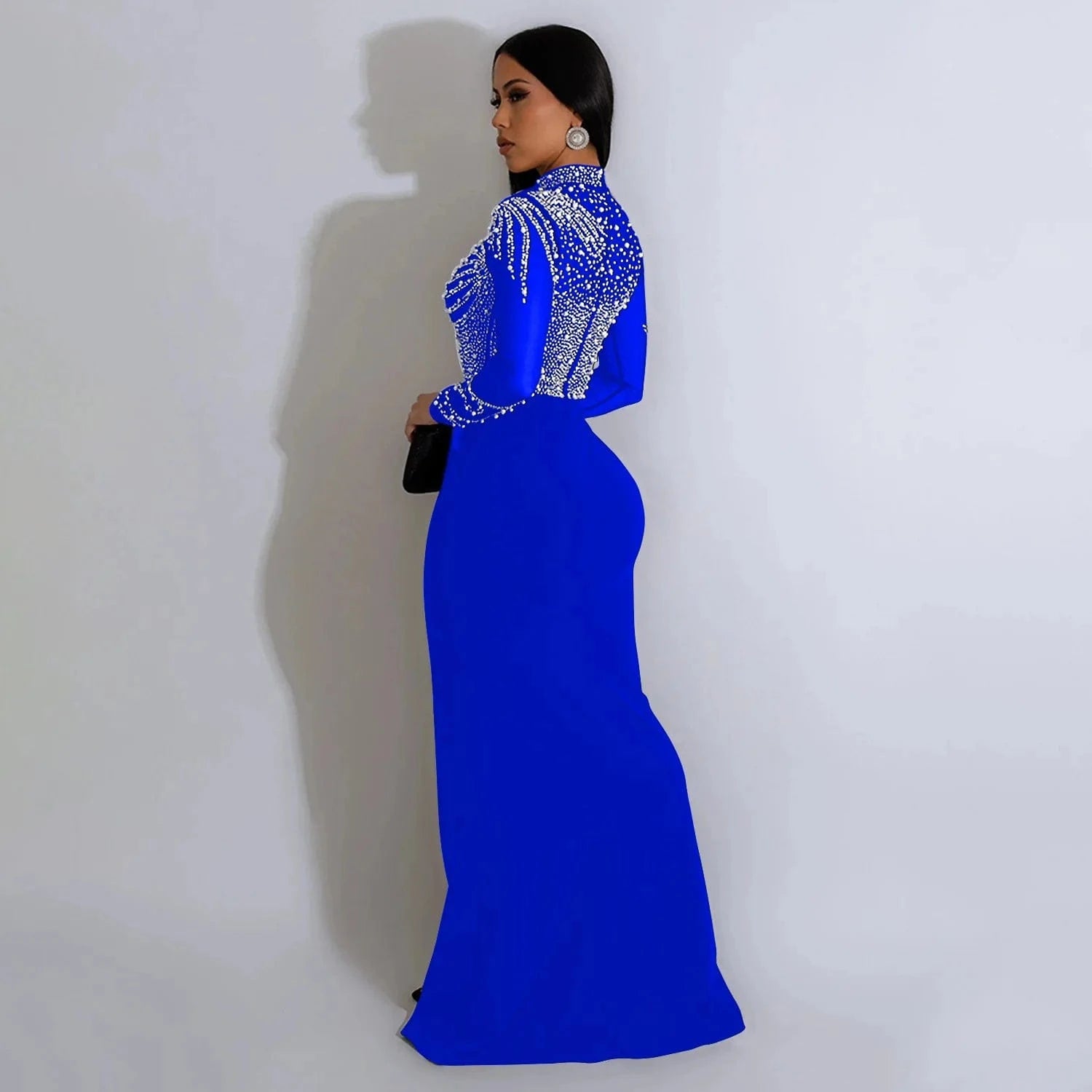 European and American fashion women's solid color mesh hot diamond slit long skirt dress