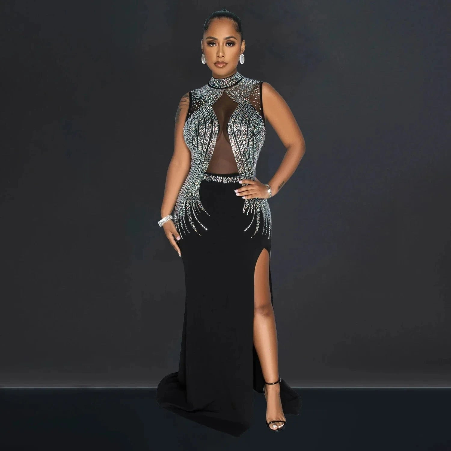 European and American fashion women's solid color mesh hot diamond slit long skirt dress