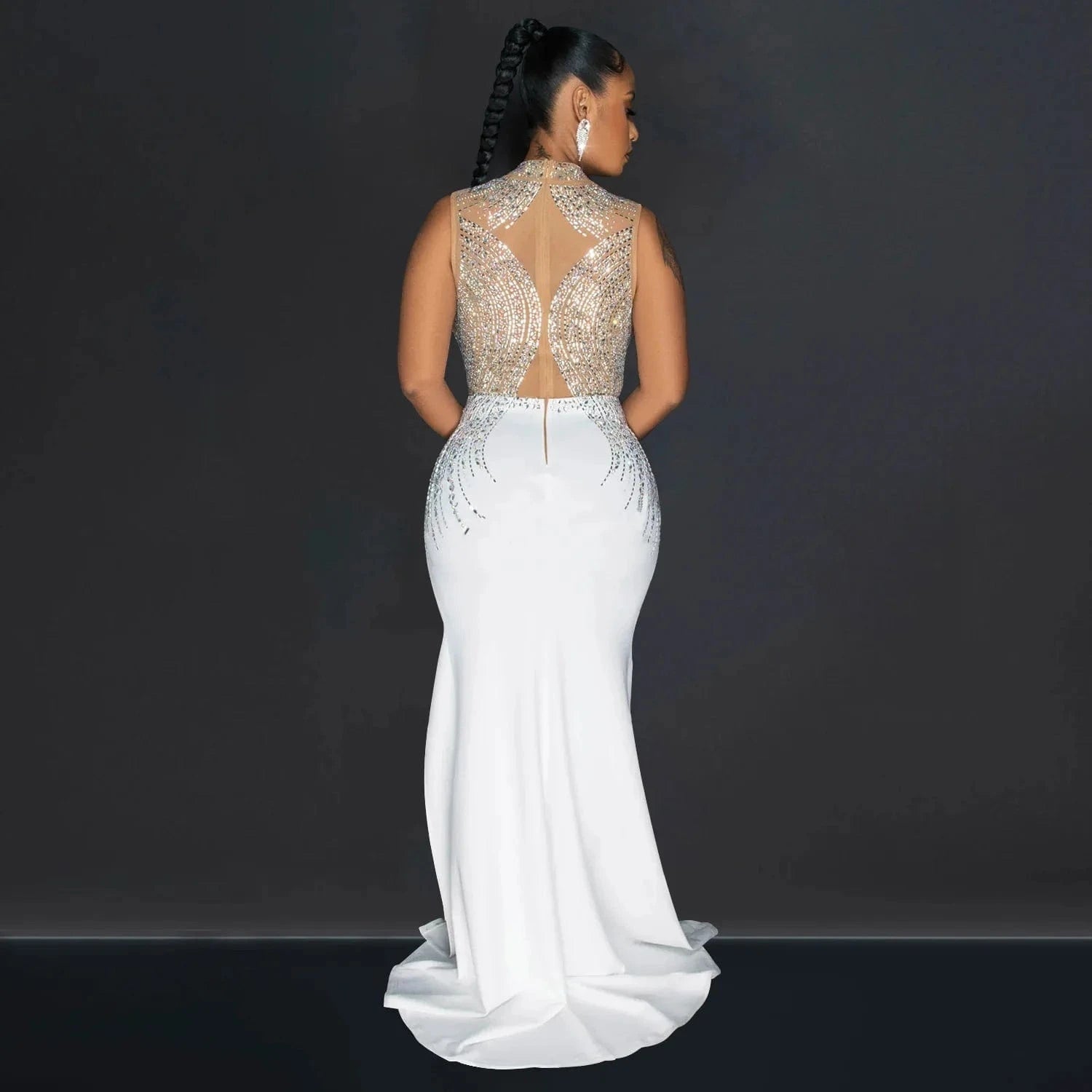 European and American fashion women's solid color mesh hot diamond slit long skirt dress