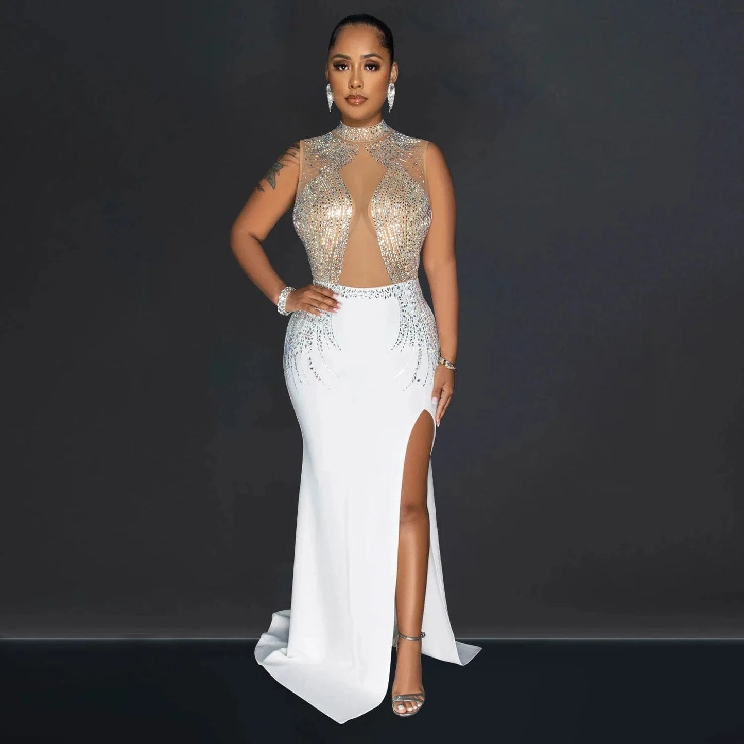 European and American fashion women's solid color mesh hot diamond slit long skirt dress