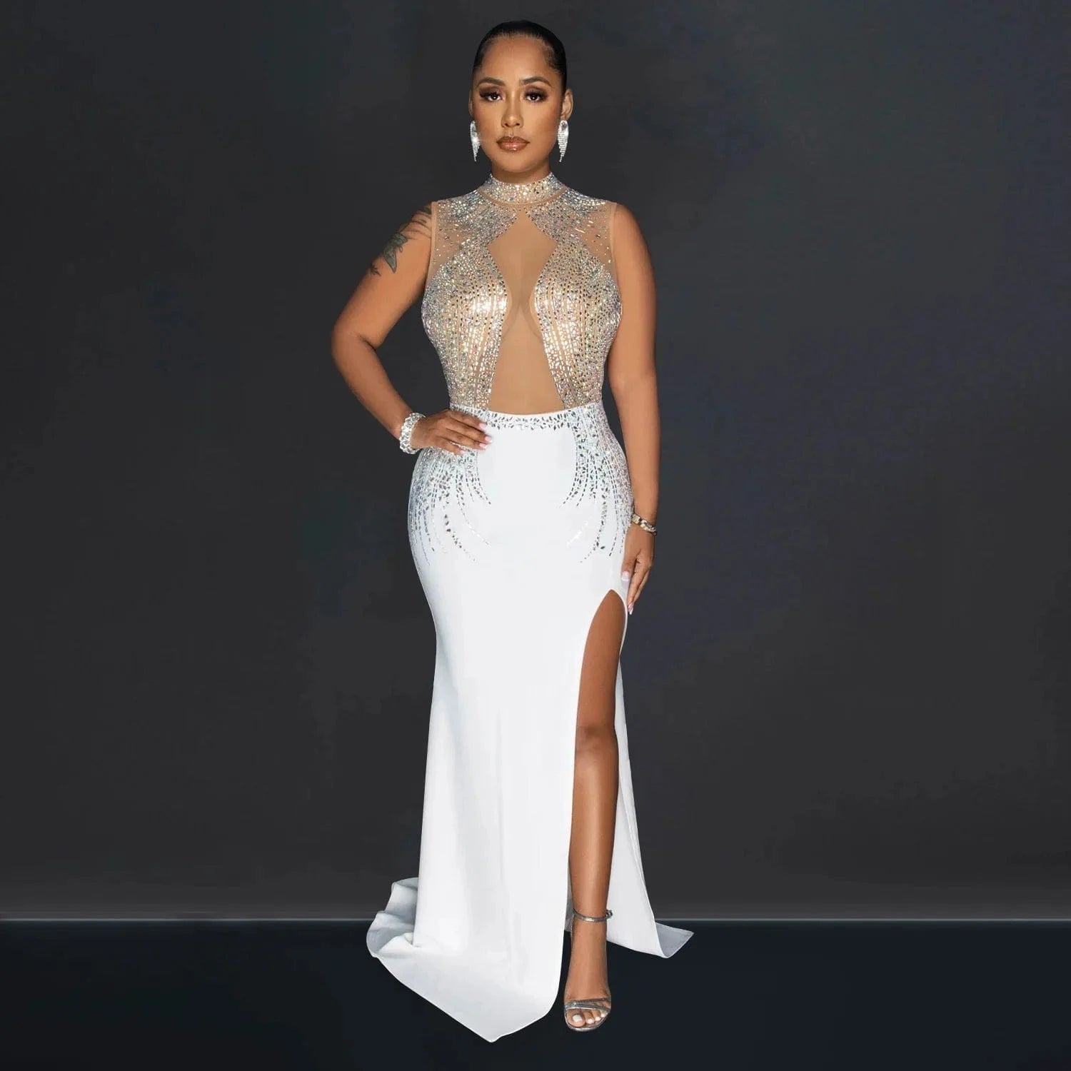 European and American fashion women's solid color mesh hot diamond slit long skirt dress