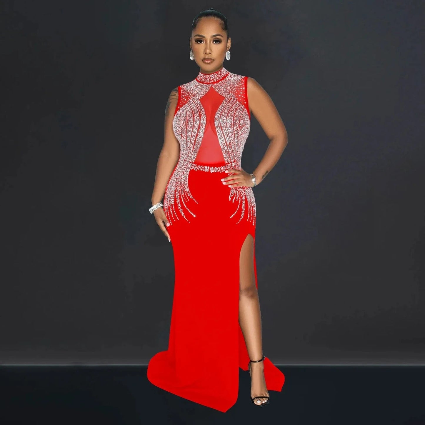 European and American fashion women's solid color mesh hot diamond slit long skirt dress