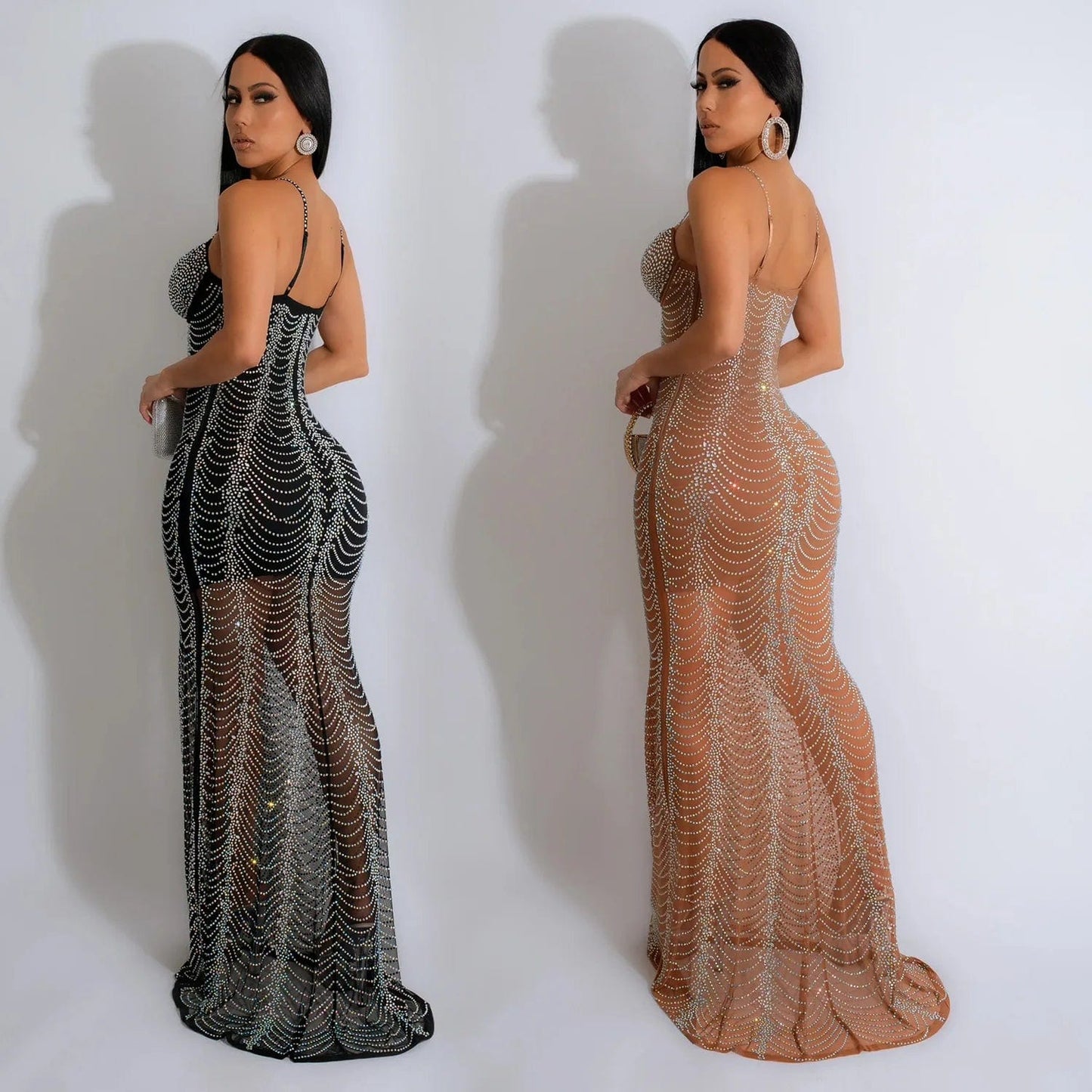 European and American fashion women's solid color mesh hot diamond suspender dress dress