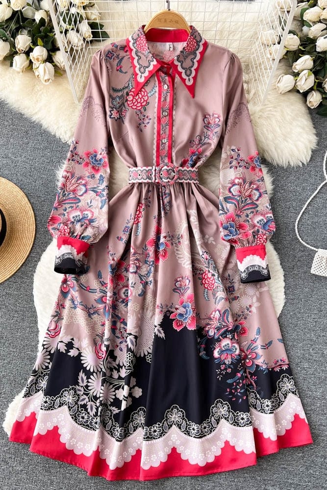 European and American ins fashion versatile retro court style printed dress women's design sense small French princess skirt