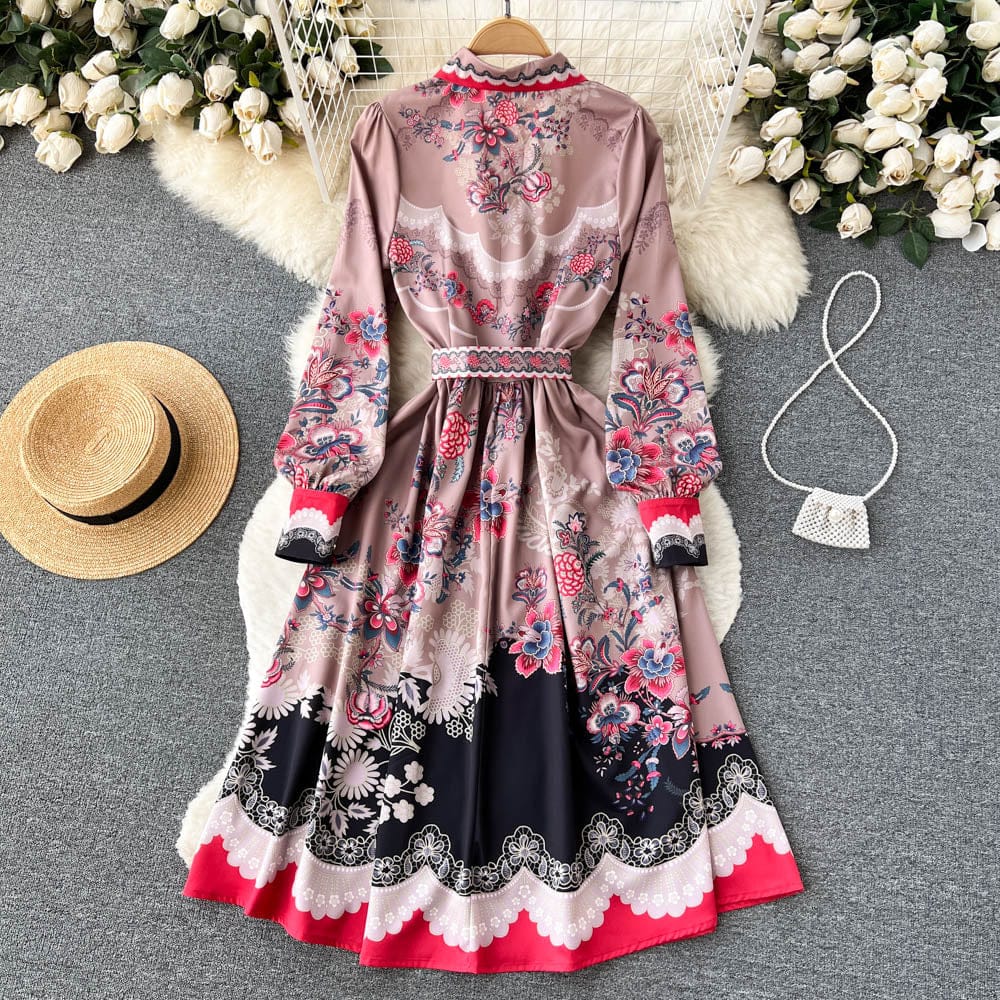 European and American ins fashion versatile retro court style printed dress women's design sense small French princess skirt