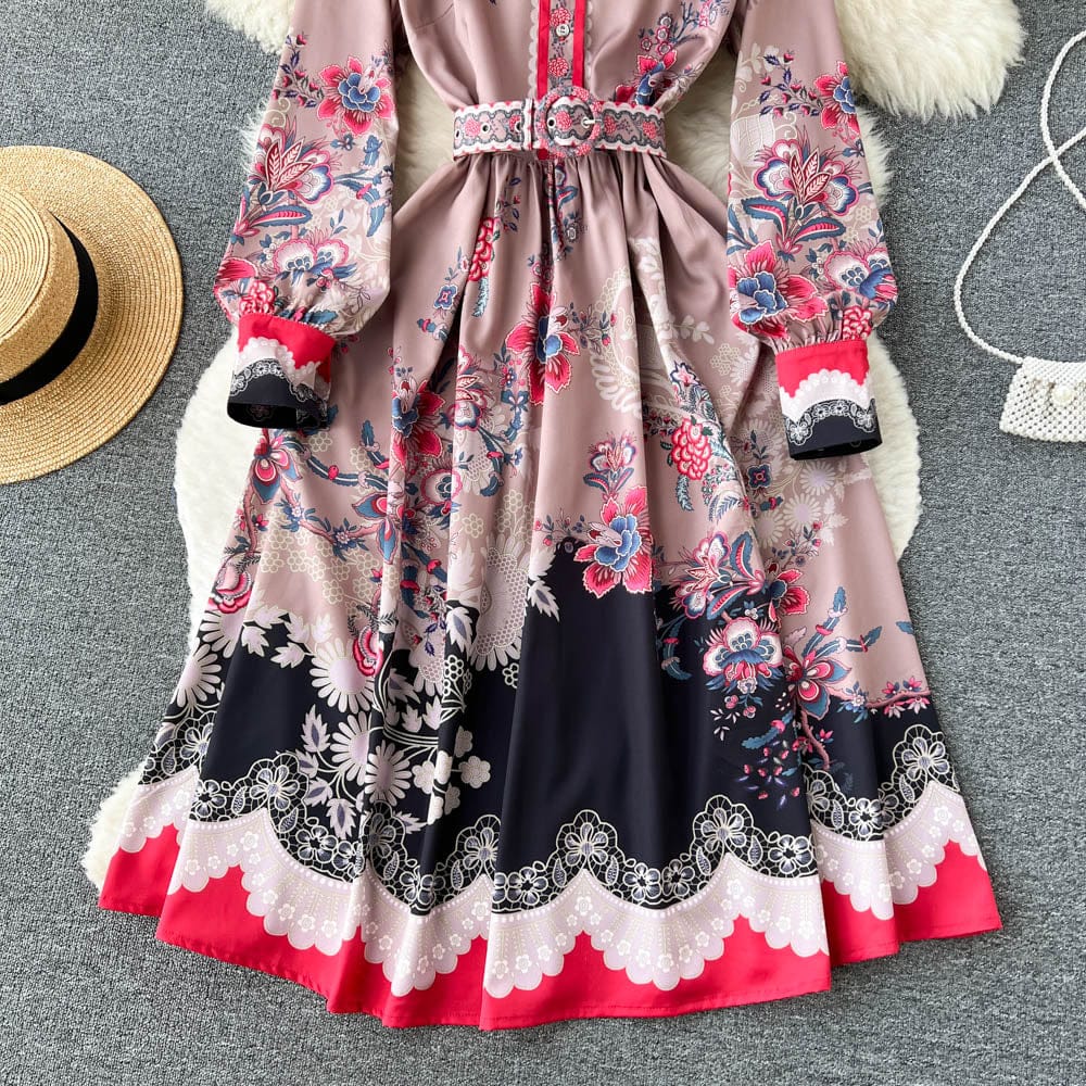 European and American ins fashion versatile retro court style printed dress women's design sense small French princess skirt