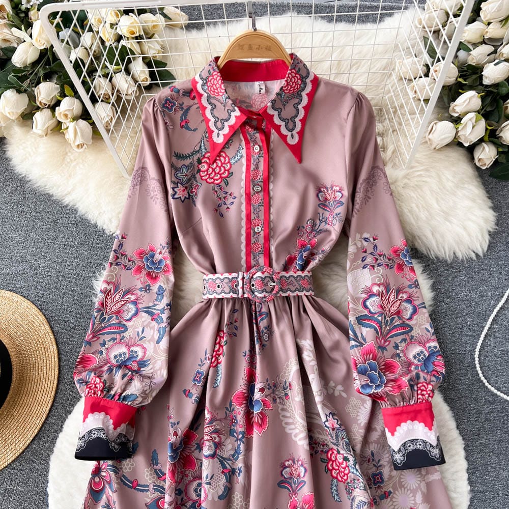 European and American ins fashion versatile retro court style printed dress women's design sense small French princess skirt
