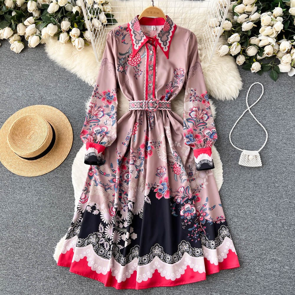 European and American ins fashion versatile retro court style printed dress women's design sense small French princess skirt