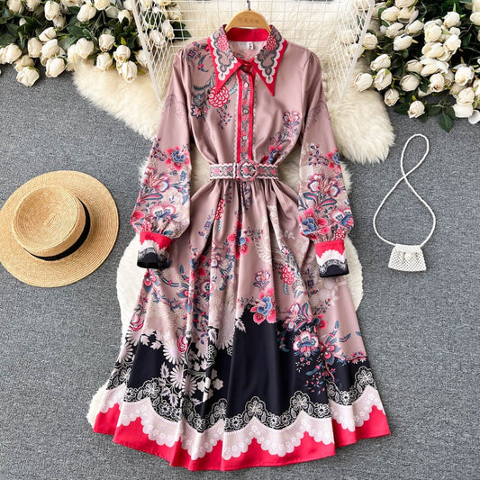 European and American ins fashion versatile retro court style printed dress women's design sense small French princess skirt