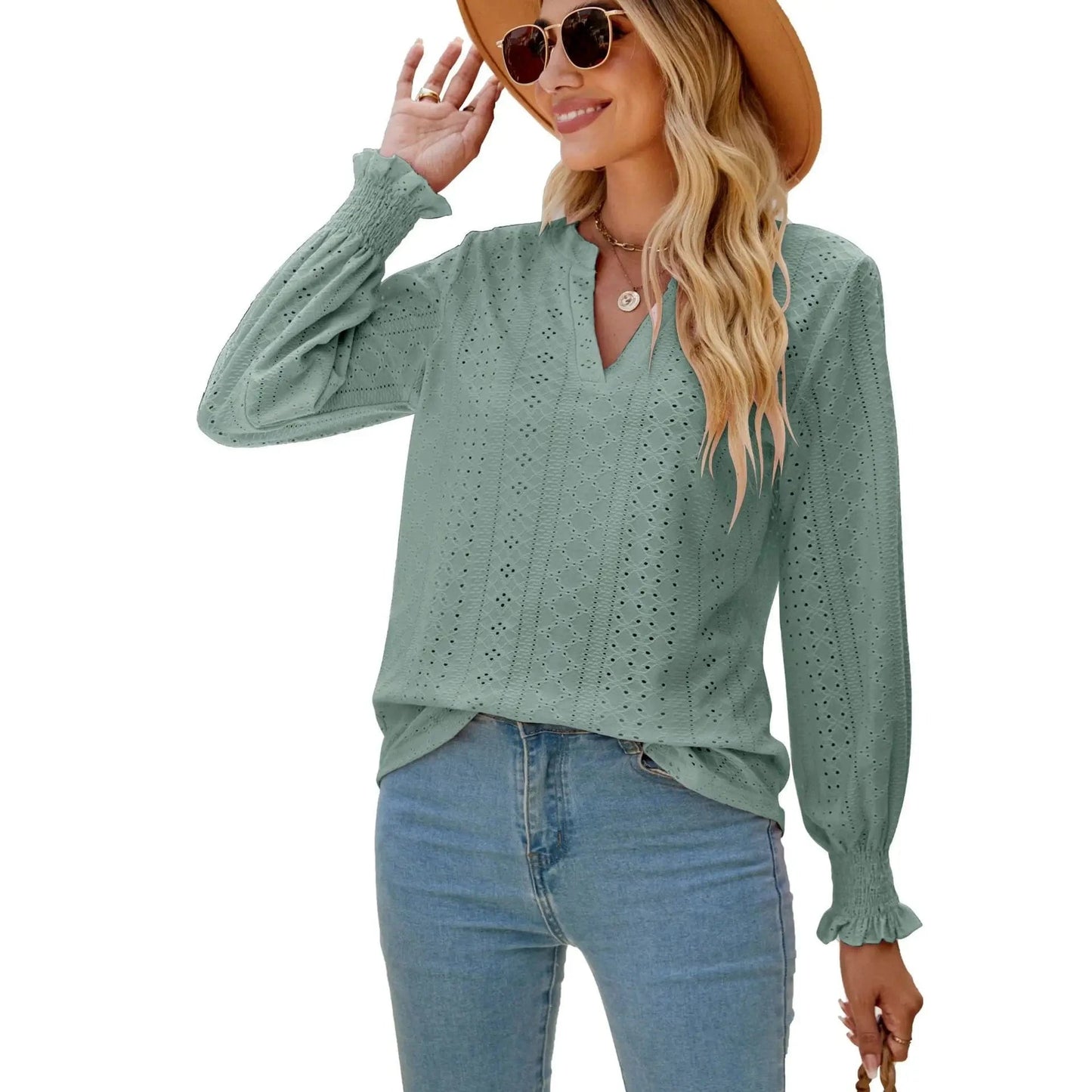 European and American  New Solid color Hollow Pleated lotus Leaf sleeve V-neck loose long Sleeve top