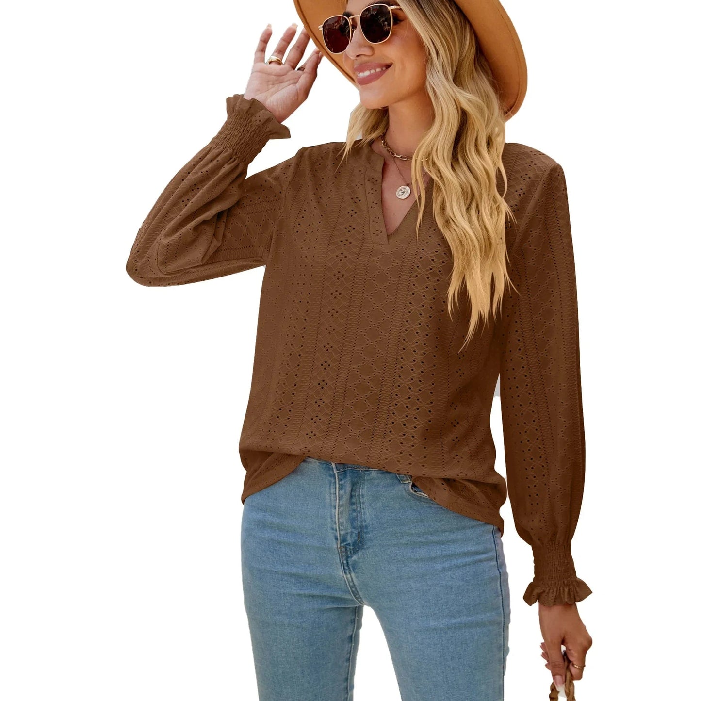 European and American  New Solid color Hollow Pleated lotus Leaf sleeve V-neck loose long Sleeve top