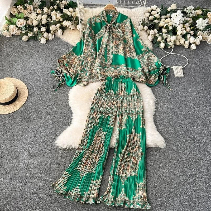European and American Set Women High Grade Bat Sleeve Printed Top+Dropping Pleated Pants Two piece