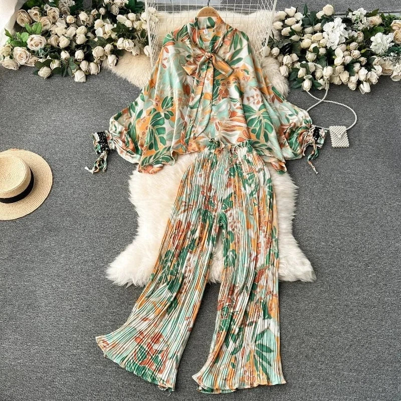 European and American Set Women High Grade Bat Sleeve Printed Top+Dropping Pleated Pants Two piece