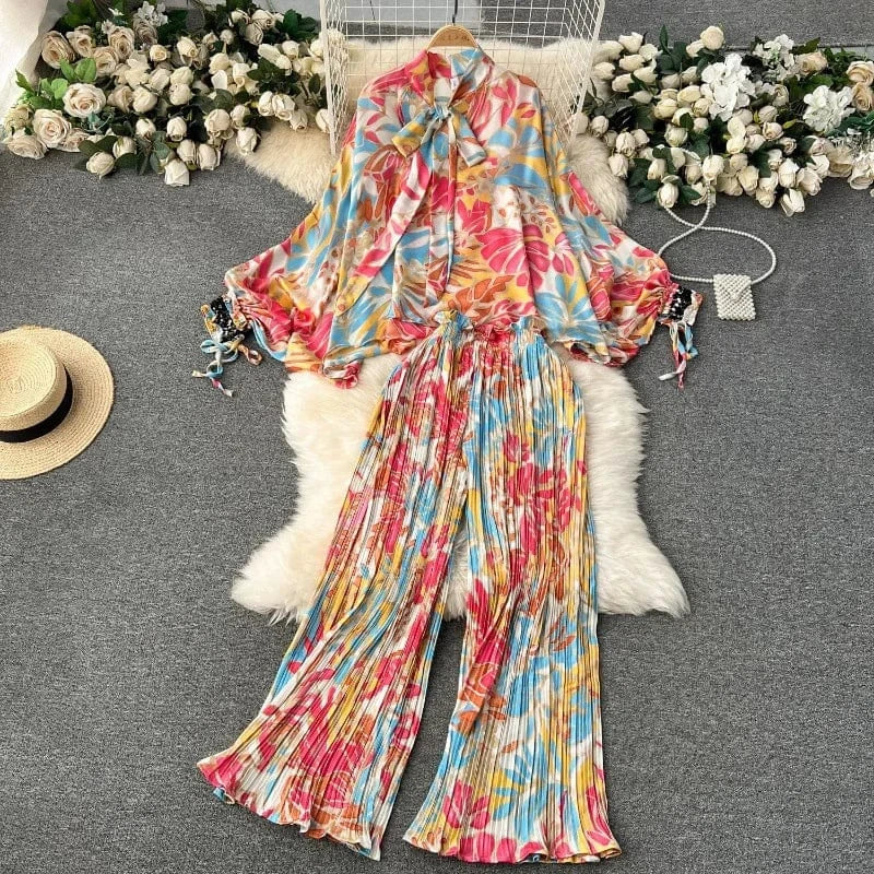 European and American Set Women High Grade Bat Sleeve Printed Top+Dropping Pleated Pants Two piece