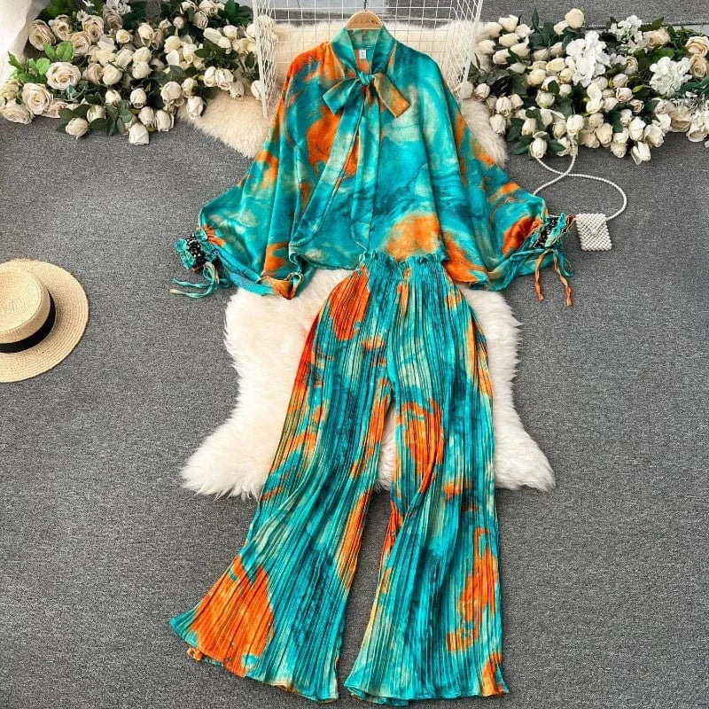 European and American Set Women High Grade Bat Sleeve Printed Top+Dropping Pleated Pants Two piece
