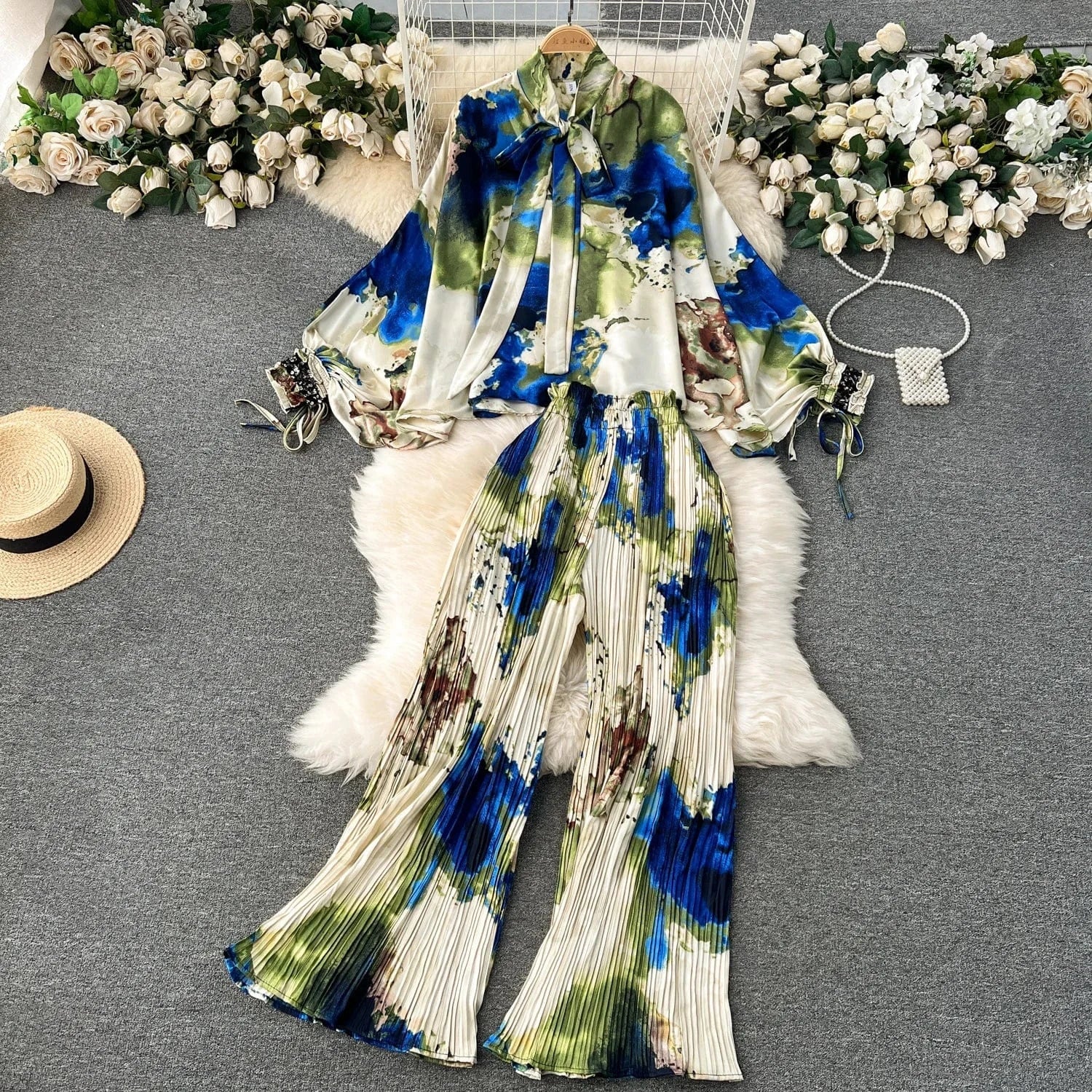 European and American Set Women High Grade Bat Sleeve Printed Top+Dropping Pleated Pants Two piece